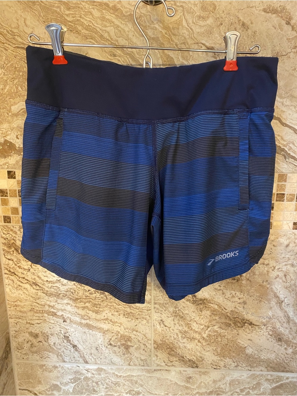 Brooks Navy and Royal Blue Striped Athletic Shorts